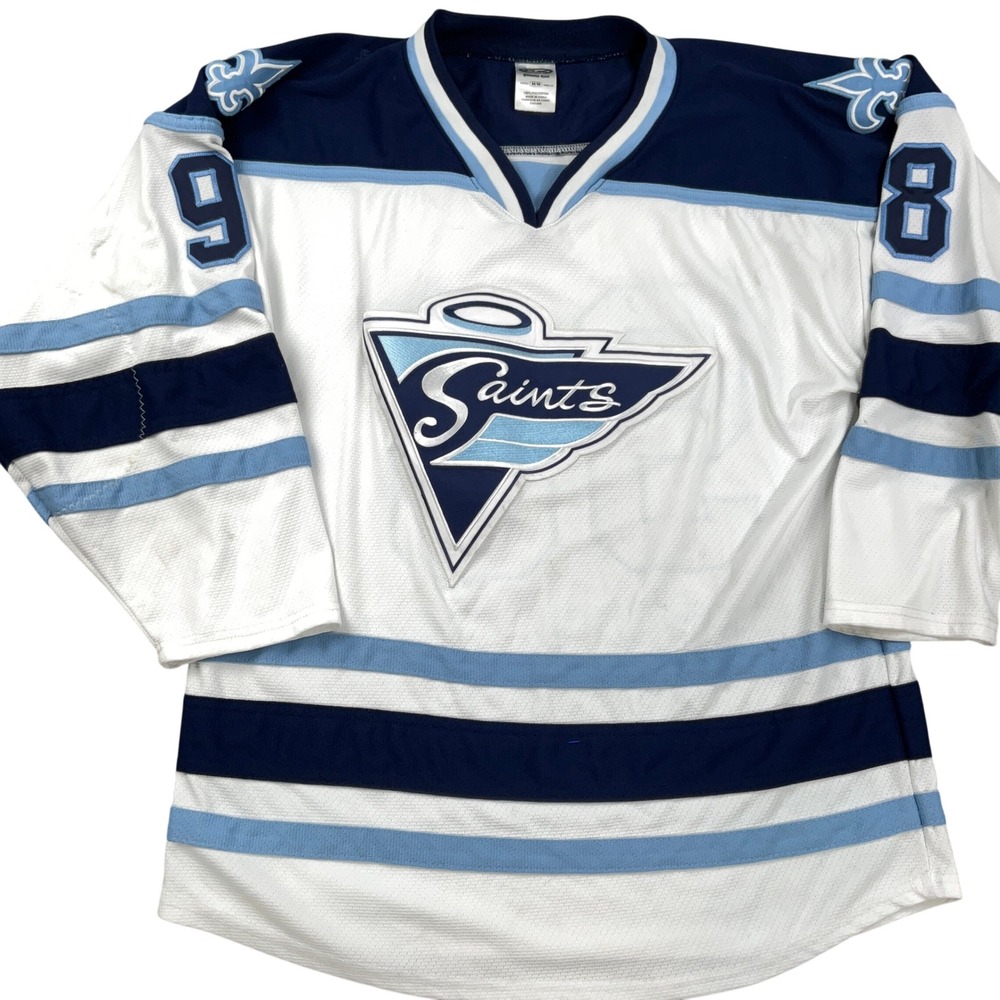 Athletic Knit Hockey Jersey Men Adult Medium Blue White Ramapo Saints #98 Angus
